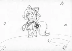 Size: 2309x1647 | Tagged: safe, artist:egophiliac, derpibooru import, princess luna, alicorn, pony, moonstuck, cartographer's cap, female, filly, hat, monochrome, moon, raised hoof, sketch, smiling, solo, traditional art, woona, younger