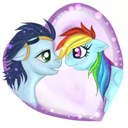 Size: 600x600 | Tagged: safe, artist:elisabethianna, derpibooru import, rainbow dash, soarin', blushing, eye contact, female, goggles, heart, looking at each other, male, shipping, smiling, soarindash, straight