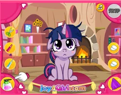 Size: 593x468 | Tagged: safe, derpibooru import, twilight sparkle, pony, unicorn, :<, :c, blushing, cute, dressup, dressup game, female, filly, flash game, frown, looking at you, messy mane, pillow, sitting, solo, twiabetes, unicorn twilight