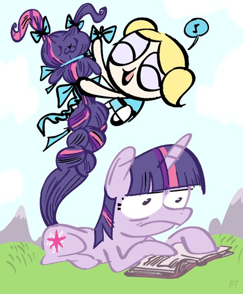 Size: 1089x1316 | Tagged: artist needed, braiding, bubbles (powerpuff girls), crossover, derpibooru import, hungarian, safe, tara strong, the powerpuff girls, twilight sparkle, voice actor joke