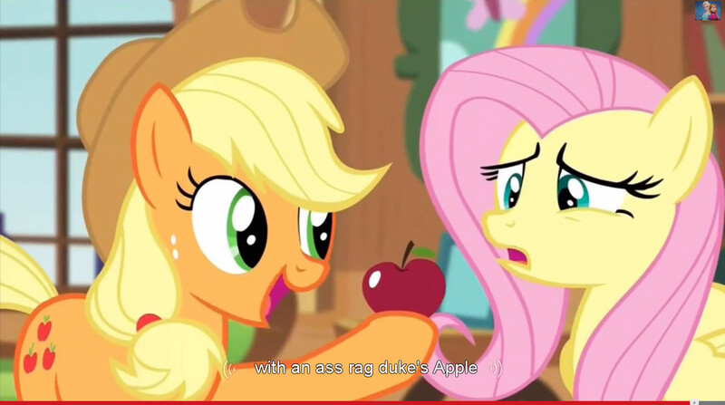 Size: 1277x714 | Tagged: apple, applejack, bats!, caption, derpibooru import, edit, edited screencap, fluttershy, food, meme, safe, screencap, vulgar, youtube caption