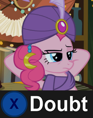 Size: 310x393 | Tagged: caption, derpibooru import, doubt, exploitable meme, gypsy pie, image macro, it's about time, l.a. noire, madame pinkie, meme, pinkie pie, press x to doubt, reaction image, romani, safe, screencap, solo, suspicious face, text, turban, unamused