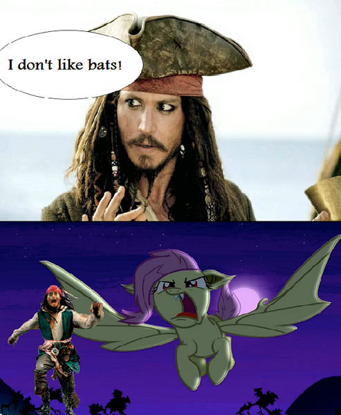 Size: 579x704 | Tagged: safe, derpibooru import, fluttershy, bat pony, bats!, bat ponified, exploitable meme, flutterbat, jack sparrow, meme, pirates of the caribbean, race swap, unpopular opinion sparrow