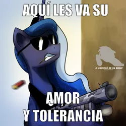 Size: 781x780 | Tagged: badass, derpibooru import, glasses, gun, lo escuché de un brony, love and tolerance, meme, princess luna, safe, shotgun, spanish, terminator, weapon