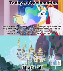Size: 1021x1149 | Tagged: caption, celestia's proclamation, derpibooru import, exploitable meme, great and powerful, meme, open mouth, princess celestia, reading, safe, scroll, sign, smiling, spread wings, trixie, wings