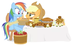 Size: 1075x688 | Tagged: safe, artist:dm29, derpibooru import, applejack, rainbow dash, earth pony, pegasus, pony, apple, apple fritter (food), apple juice, apple pie, bondage, bound wings, chair, cupcake, duo, feederjack, feeding, food, force feeding, hilarious in hindsight, juice, mouth hold, pie, rope, simple background, this will end in weight gain, transparent background, wings