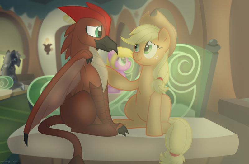 Size: 1024x675 | Tagged: safe, artist:faith-wolff, derpibooru import, applejack, earth pony, gryphon, pony, fanfic, fanfic:the bridge, crossover, duo focus, fanfic art, female, godzilla, godzilla (series), kaiju griffon, male, mare, rodan, sitting, train