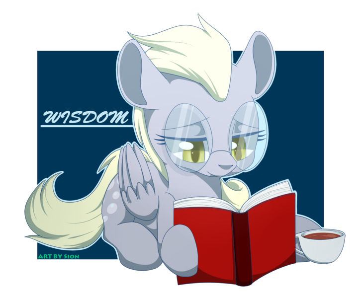 Size: 1412x1167 | Tagged: safe, artist:sion, derpibooru import, derpy hooves, pegasus, pony, alternate hairstyle, book, bright eyes (mirror universe), cup, female, food, glasses, mare, mirror universe, reading, simple background, solo, tea, teacup, underp