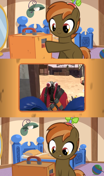 Size: 356x600 | Tagged: safe, derpibooru import, button mash, earth pony, pony, button's odd game, colt, exploitable meme, googly eyes, heavy, heavy weapons guy, male, meet the random fortress, meme, obligatory pony, pyro, team fortress 2, tv meme, wat, youtube link