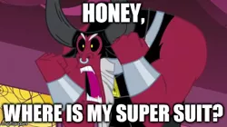 Size: 490x275 | Tagged: caption, derpibooru import, frozone, image macro, lord tirek, meme, safe, scorpan's necklace, solo, text, the incredibles, tirek where is your meme?!, where is my super suit?