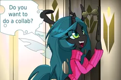 Size: 1280x841 | Tagged: artist:jokerpony, ask teen chrysalis, clothes, derpibooru import, do you want to build a snowman, frozen (movie), queen chrysalis, safe, song reference, sweater