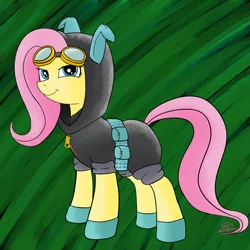 Size: 4000x4000 | Tagged: :), artist:katsu, bunny ears, clothes, costume, dangerous mission outfit, derpibooru import, fluttershy, goggles, green background, hoodie, safe, simple background, socks, solo, suit