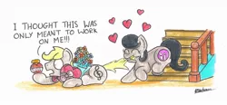 Size: 1024x476 | Tagged: safe, artist:bobthedalek, derpibooru import, oc, oc:mixed melody, oc:octavia's father, oc:octavia's mother, oc:ostinato melody, unofficial characters only, earth pony, pony, biting, box of chocolates, duo, female, flower, heart, love potion, male, stairs, tail bite, tonic, traditional art