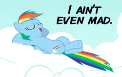 Size: 500x316 | Tagged: safe, artist:cheezedoodle96, derpibooru import, rainbow dash, pegasus, pony, cloud, crossed hooves, female, i ain't even mad, lying down, mare, meme, open mouth, reaction image, sky, solo, text