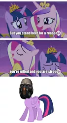 Size: 854x1565 | Tagged: safe, derpibooru import, edit, princess cadance, twilight sparkle, twilight sparkle (alicorn), alicorn, pony, twilight's kingdom, caption, female, image macro, mare, meme, mondegreen, pun, quake, strogg, text, wat, you'll play your part