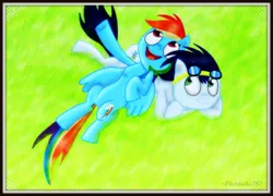 Size: 900x647 | Tagged: safe, artist:phinbella-flynn, derpibooru import, rainbow dash, soarin', female, goggles, male, old cutie mark, shipping, soarindash, straight