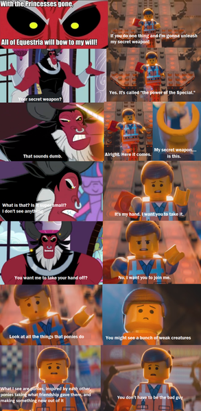 Size: 878x1795 | Tagged: derpibooru import, emmet brickowski, exploitable meme, feels, lego, lord tirek, meme, safe, screencap, spoilers for another series, the lego movie, tirek vs everyone meme, twilight's kingdom