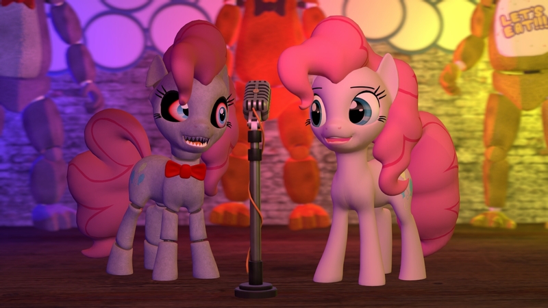 Size: 1366x768 | Tagged: 3d, animatronic, bonnie, chica, crossover, derpibooru import, five nights at aj's, five nights at freddy's, freddy fazbear, gmod, microphone, pinkie pie, safe