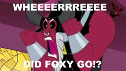 Size: 1278x720 | Tagged: caption, crossover, derpibooru import, edit, five nights at freddy's, foxy, image macro, imminent death, lord tirek, meme, safe, scorpan's necklace, text, tirek where is your meme?!