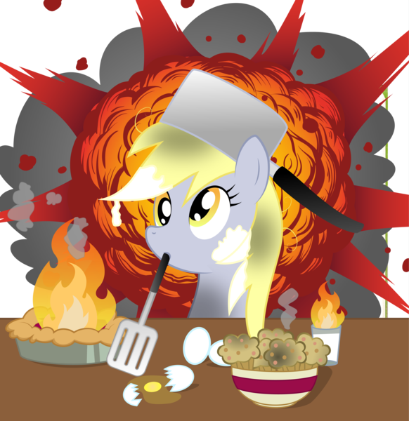 Size: 7945x8191 | Tagged: safe, artist:rainbownspeedash, derpibooru import, derpy hooves, pegasus, pony, absurd resolution, chef's hat, egg (food), explosion, female, fire, food, glass, hat, mare, mouth hold, muffin, pie, solo, spatula, this will end in tears and/or breakfast