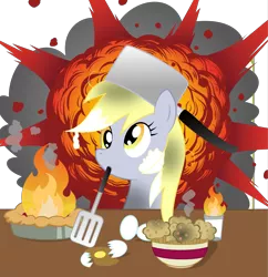 Size: 7945x8191 | Tagged: safe, artist:rainbownspeedash, derpibooru import, derpy hooves, pegasus, pony, absurd resolution, chef's hat, egg (food), explosion, female, fire, food, glass, hat, mare, mouth hold, muffin, pie, solo, spatula, this will end in tears and/or breakfast