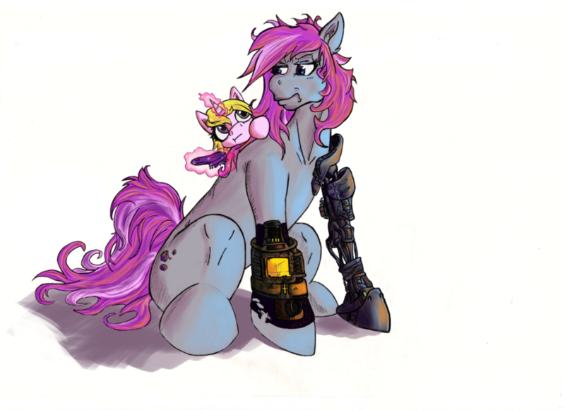 Size: 900x654 | Tagged: amputee, artist:pseudosharp, brush, brushie, cyborg, derpibooru import, fallout equestria, fallout equestria: heroes, fanfic art, oc, oc:hired gun, oc:serenity (fallout equestria: heroes), prosthetics, safe, unofficial characters only