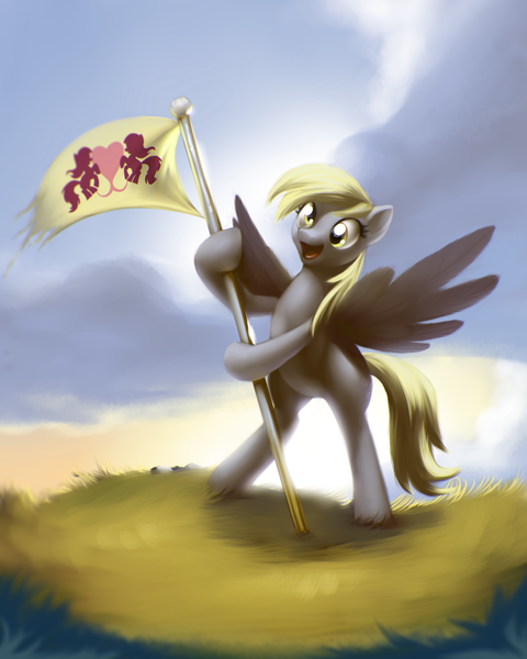 Size: 1024x1280 | Tagged: safe, artist:moonlitbrush, derpibooru import, derpy hooves, pegasus, pony, rainbow falls, derpy's flag, epic derpy, female, flag, mare, ponyville flag, solo