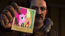 Size: 656x368 | Tagged: applejack, carver, carver (the walking dead), derpibooru import, duckface, photo, pinkie pie, safe, the walking dead, the walking dead game, the walking dead game season 2