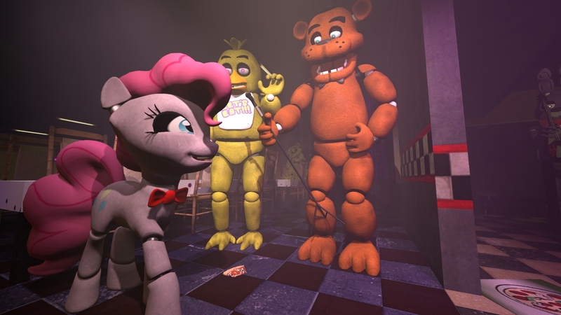 Size: 1920x1080 | Tagged: 3d, animatronic, bonnie, bonnie pie, chica, crossover, derpibooru import, five nights at aj's, five nights at freddy's, freddy fazbear, golden freddy, pinkie pie, safe, source filmmaker, when you see it