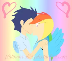 Size: 974x820 | Tagged: safe, artist:platinum-starz, derpibooru import, rainbow dash, soarin', human, female, heart, humanized, kissing, male, shipping, soarindash, straight, winged humanization, wings