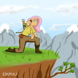 Size: 1000x1000 | Tagged: arrow, artist:empyu, bow (weapon), cliff, derpibooru import, fluttershy, human, humanized, quiver, safe, solo