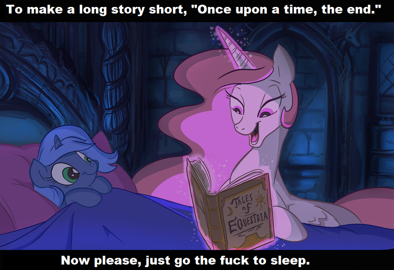 Size: 1078x739 | Tagged: bed, bedroom eyes, book, celestia's bedtime story, cute, derpibooru import, exploitable meme, female, filly, levitation, lidded eyes, magic, meme, on back, open mouth, princess celestia, princess luna, reading, safe, smiling, telekinesis, vulgar, woona, younger