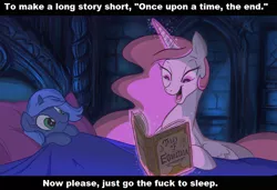 Size: 1078x739 | Tagged: bed, bedroom eyes, book, celestia's bedtime story, cute, derpibooru import, exploitable meme, female, filly, levitation, lidded eyes, magic, meme, on back, open mouth, princess celestia, princess luna, reading, safe, smiling, telekinesis, vulgar, woona, younger