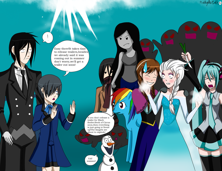 Size: 2202x1698 | Tagged: adventure time, anna, artist:kathythegoth, attack on titan, black butler, crossover, derpibooru import, elsa, frozen, frozen (movie), hatsune miku, kuroshitsuji, marceline, mikasa ackerman, olaf, rainbow dash, safe, vocaloid