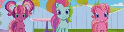 Size: 1839x480 | Tagged: safe, derpibooru import, screencap, cheerilee (g3), pinkie pie (g3), rainbow dash (g3), earth pony, pony, twinkle wish adventure, female, fence, g3, g3 panorama, g3.5, mare, panorama, smiling, table, trio