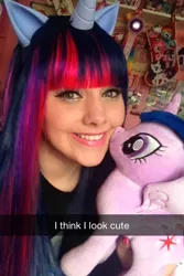 Size: 640x960 | Tagged: safe, artist:audra-hime, derpibooru import, twilight sparkle, twilight sparkle (alicorn), alicorn, human, pony, clothes, cosplay, costume, human ponidox, irl, irl human, photo, plushie, self ponidox, snapchat