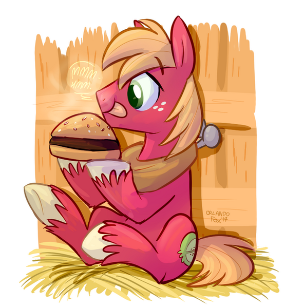 Size: 600x608 | Tagged: safe, artist:thedoggygal, derpibooru import, big macintosh, earth pony, pony, big mac (burger), burger, cute, food, hamburger, male, mcdonald's, meat, ponies eating meat, pun, solo, stallion, steam