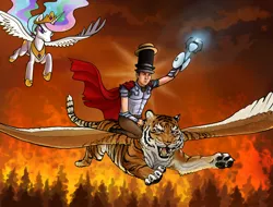 Size: 2940x2238 | Tagged: artist:blangoog, awesome, big cat, derpibooru import, fire, flying, hat, human, portal gun, portal (valve), princess celestia, safe, team fortress 2, tiger