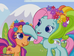 Size: 360x270 | Tagged: safe, derpibooru import, screencap, rainbow dash, rainbow dash (g3), scootaloo, scootaloo (g3), earth pony, pony, twinkle wish adventure, animated, cute, cutealoo, dashabetes, dreams do come true, duo, female, filly, flower, flower in hair, g3, g3.5, imgflip, mare, scootalove
