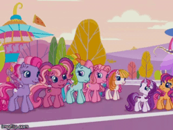 Size: 360x270 | Tagged: safe, derpibooru import, screencap, cheerilee (g3), pinkie pie (g3), rainbow dash (g3), scootaloo (g3), starsong, sweetie belle (g3), toola roola, earth pony, pegasus, pony, unicorn, twinkle wish adventure, animated, core seven, excited, female, g3, g3.5, giggling, imgflip, mare, race track