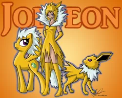 Size: 1024x819 | Tagged: safe, artist:monakaliza, derpibooru import, ponified, human, jolteon, pony, humanized, pokémon, self ponidox