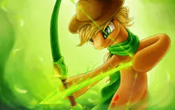 Size: 1000x632 | Tagged: safe, artist:gikat, derpibooru import, applejack, earth pony, pony, archery, arrow, bipedal, bow (weapon), bow and arrow, clothes, crossover, dota 2, scarf, solo, weapon, windranger