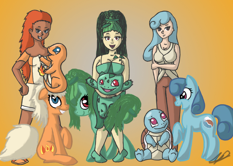 Size: 2100x1500 | Tagged: safe, artist:monakaliza, derpibooru import, ponified, bulbasaur, charmander, human, pony, squirtle, humanized, pokémon, self ponidox