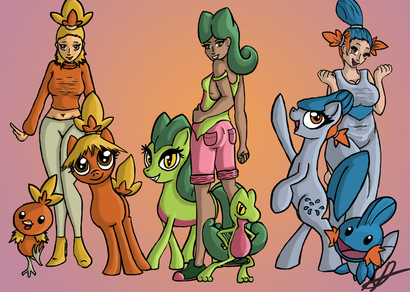 Size: 2100x1500 | Tagged: safe, artist:monakaliza, derpibooru import, ponified, human, mudkip, pony, torchic, treecko, humanized, pokémon, self ponidox, torchick, treeko