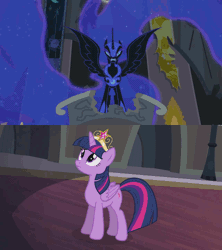 Size: 960x1080 | Tagged: safe, derpibooru import, edit, screencap, nightmare moon, twilight sparkle, twilight sparkle (alicorn), alicorn, pony, princess twilight sparkle (episode), season 4, animated, castle, castle of the royal pony sisters, eclipse, fear, female, flashback, hate, looking at each other, mare, offscreen character, pov, sneer, solar eclipse