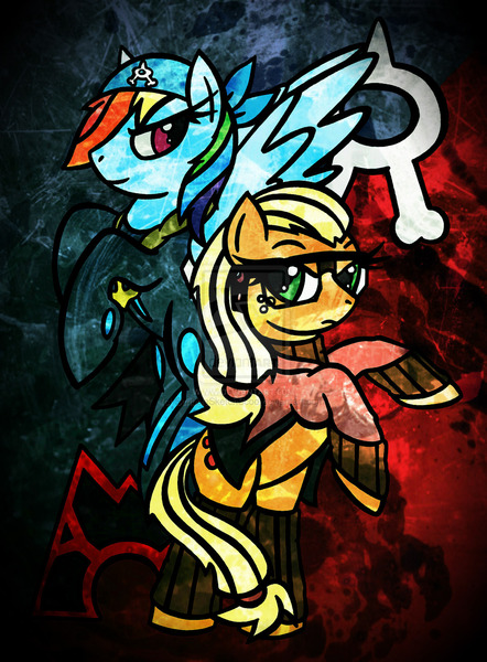 Size: 1024x1390 | Tagged: applejack, archie (pokemon), artist:scribblesketchscoo, crossover, derpibooru import, maxie (pokemon), pokémon, rainbow dash, safe, team aqua, team magma