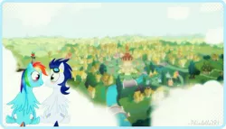 Size: 900x515 | Tagged: safe, artist:phinbella-flynn, derpibooru import, rainbow dash, soarin', cloud, cloudy, female, goggles, male, old cutie mark, ponyville, shipping, soarindash, straight