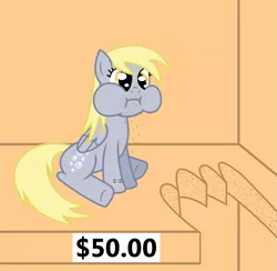 Size: 1177x1148 | Tagged: safe, artist:vincentthecrow, derpibooru import, part of a set, derpy hooves, pegasus, pony, aweeg*, barcode, bite mark, bronybait, crumbs, cutie mark, female, gigawat, mare, ponies for sale, price tag, puffy cheeks, solo