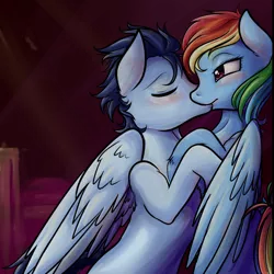 Size: 1024x1024 | Tagged: safe, artist:chiweee, derpibooru import, rainbow dash, soarin', against wall, bed, blushing, cute, eyes closed, female, floppy ears, hug, imminent sex, kissing, male, shipping, soarindash, straight