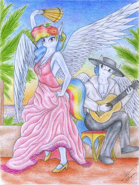 Size: 2467x3277 | Tagged: safe, artist:sinaherib, derpibooru import, rainbow dash, soarin', anthro, breasts, cleavage, clothes, dancing, dress, female, guitar, male, musical instrument, shipping, soarindash, straight, traditional art